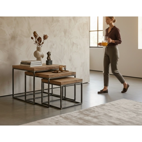 KOMPLET STOLIKÓW KAWOWY 3 w 1 DREWNO DĄB LITE I STAL STK-149